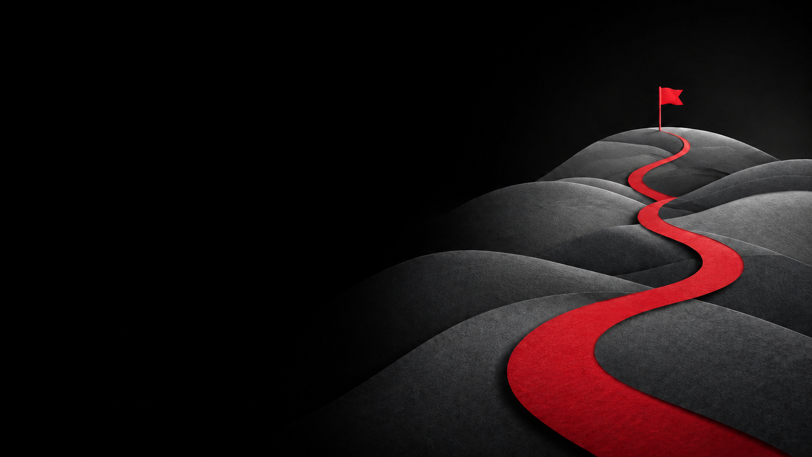 A red path winding through dark hills toward a flag